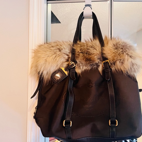 Prada Brown Canvas Fox Fur Trim Tote Bag - Picture 1 of 15
